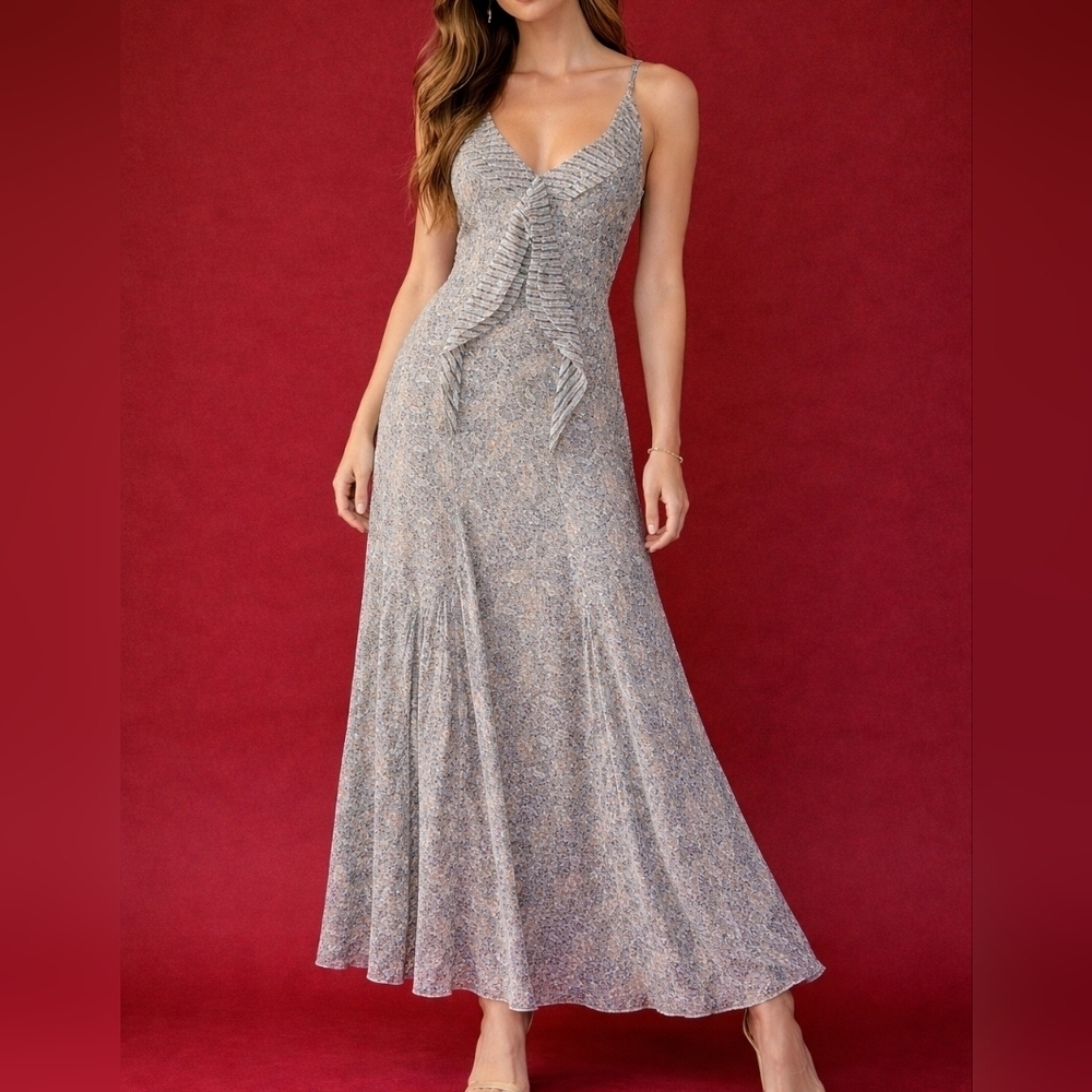 CABI Chiffon Floral Garden Party Ruffle Spaghetti Strap Maxi Dress